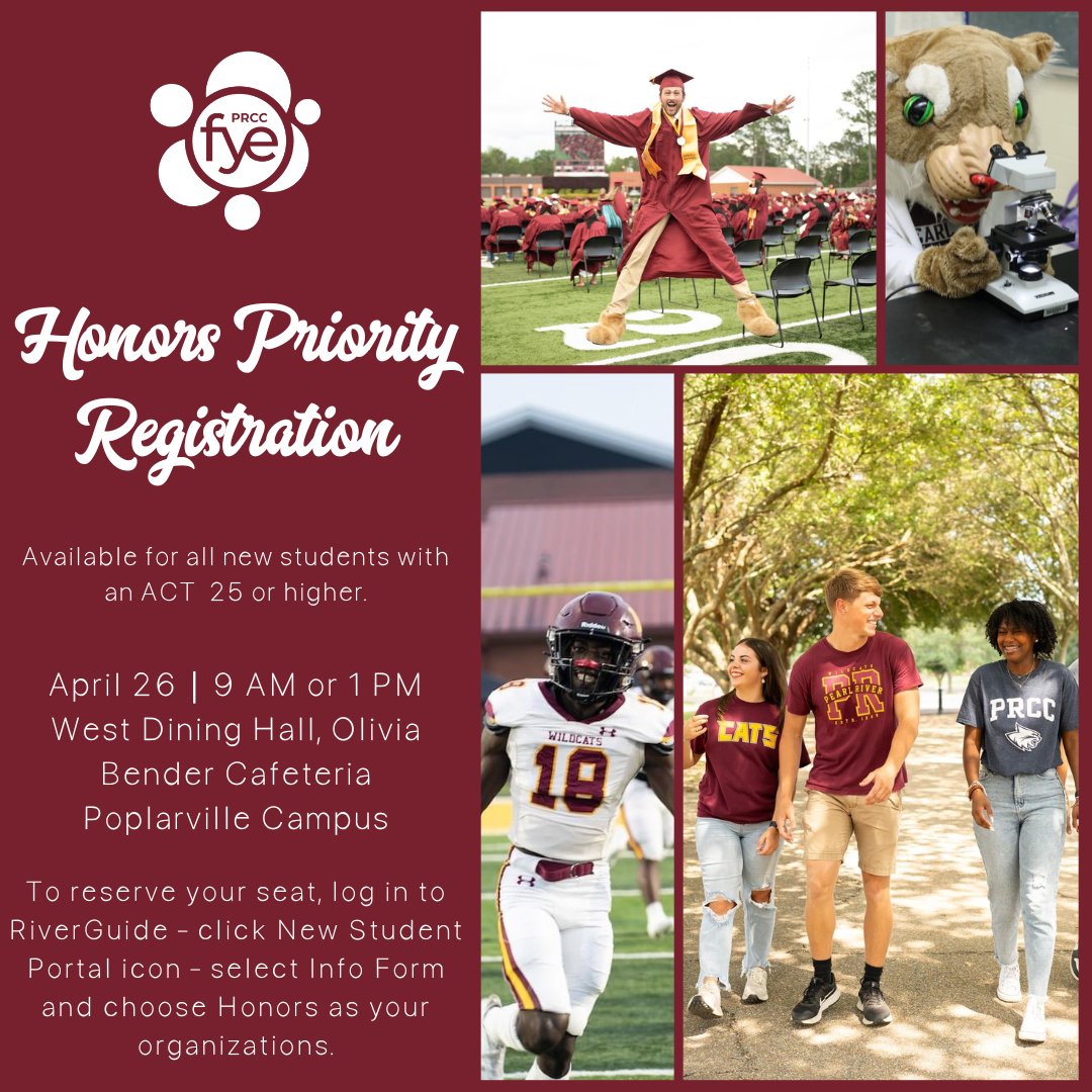 Are you a new student with an ACT of 25 or higher? We will host an Honor's Priority Registration in April and you are invited! Visit prcc.edu/fye/ to save your seat today!