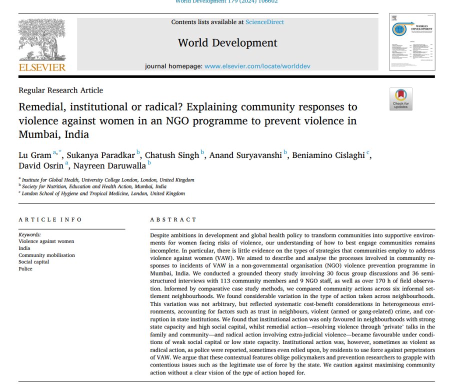 * New article out *🧵 What role should communities play in addressing gender-based violence (#GBV)? Lu Gram and colleagues approach this old question in a new way by asking: What strategies do community members use to address #GBV and what determines their choice of strategy? 1/6