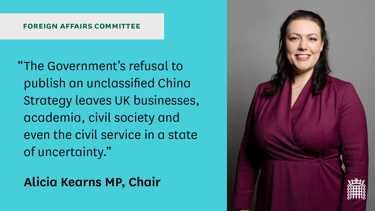 We've published the Government response to our report 'Tilting horizons: the Integrated Review and the Indo-Pacific'. Chair @aliciakearns has commented on the Government's refusal to publish an unclassified China Strategy. Read the response here: committees.parliament.uk/committee/78/f…