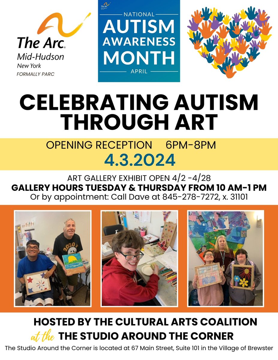 TheArcMH's tweet photo. We Are Artists!

Mark your calendars! The Arc Mid-Hudson will be presenting an art show from 4/2-4/28 at The Studio Around the Corner to celebrate Autism Awareness Month. 

#LookBeyond #DDAM2024 #autismawareness https://t.co/D1tcCXAIW3