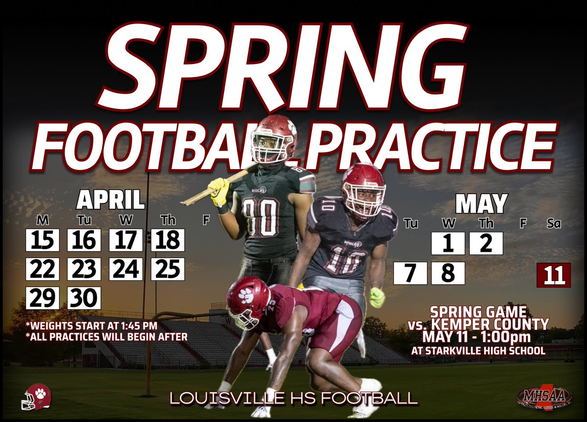 🏈 Spring Ball Dates 🏈

Coaches come check out our young men this spring! 

#OneTeamOneGoal #3Peatfor13 🏆