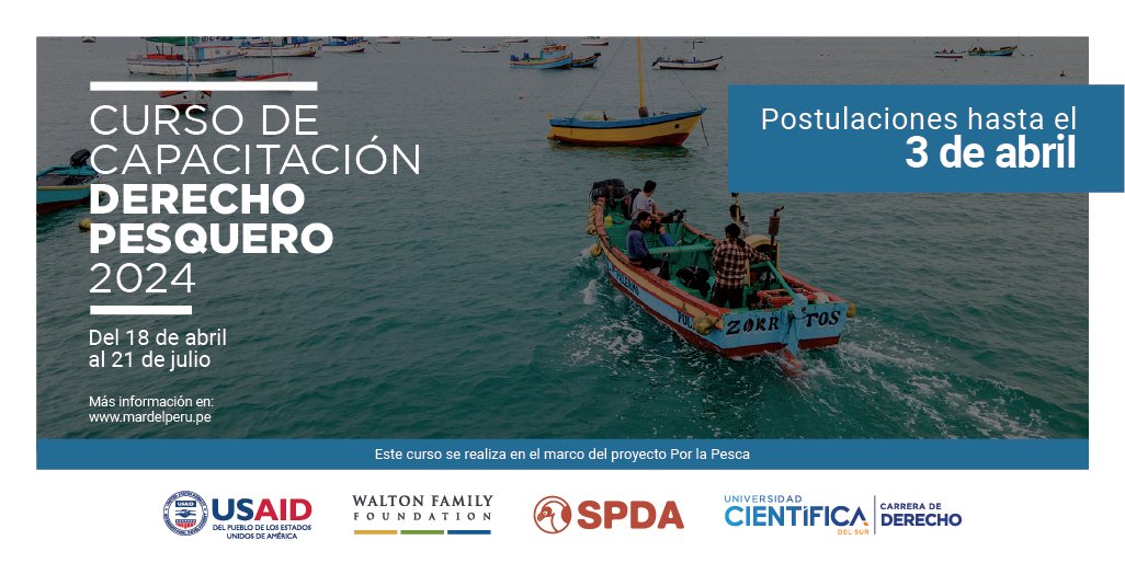 spdaorg's tweet photo. 🐟 Abrimos la convocatoria para el Curso de Capacitación en Derecho Pesquero 2024, organizado por la @spda_peru y la @cientifica_sur.

➡Postula hasta el 3 de abril 
➡Toda la información: https://t.co/OhvOmGvW4y https://t.co/sMq8lhjgjt
