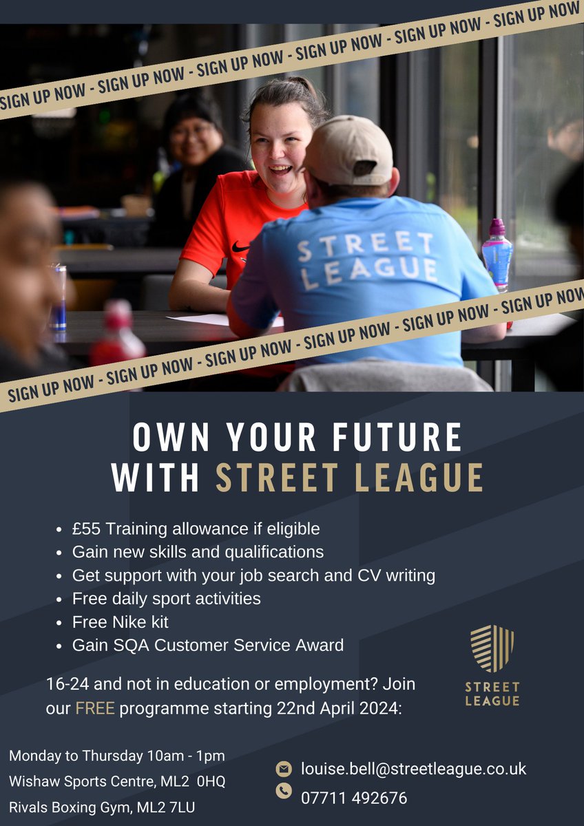 Aged 16-24, live in North Lanarkshire and not in education or employment? 
Join our employability programme - 
- Earn £55 training allowance (if eligible)
- Get help finding a job/college
- Gain new skills &amp; qualification
- Build confidence  

Get in touch!