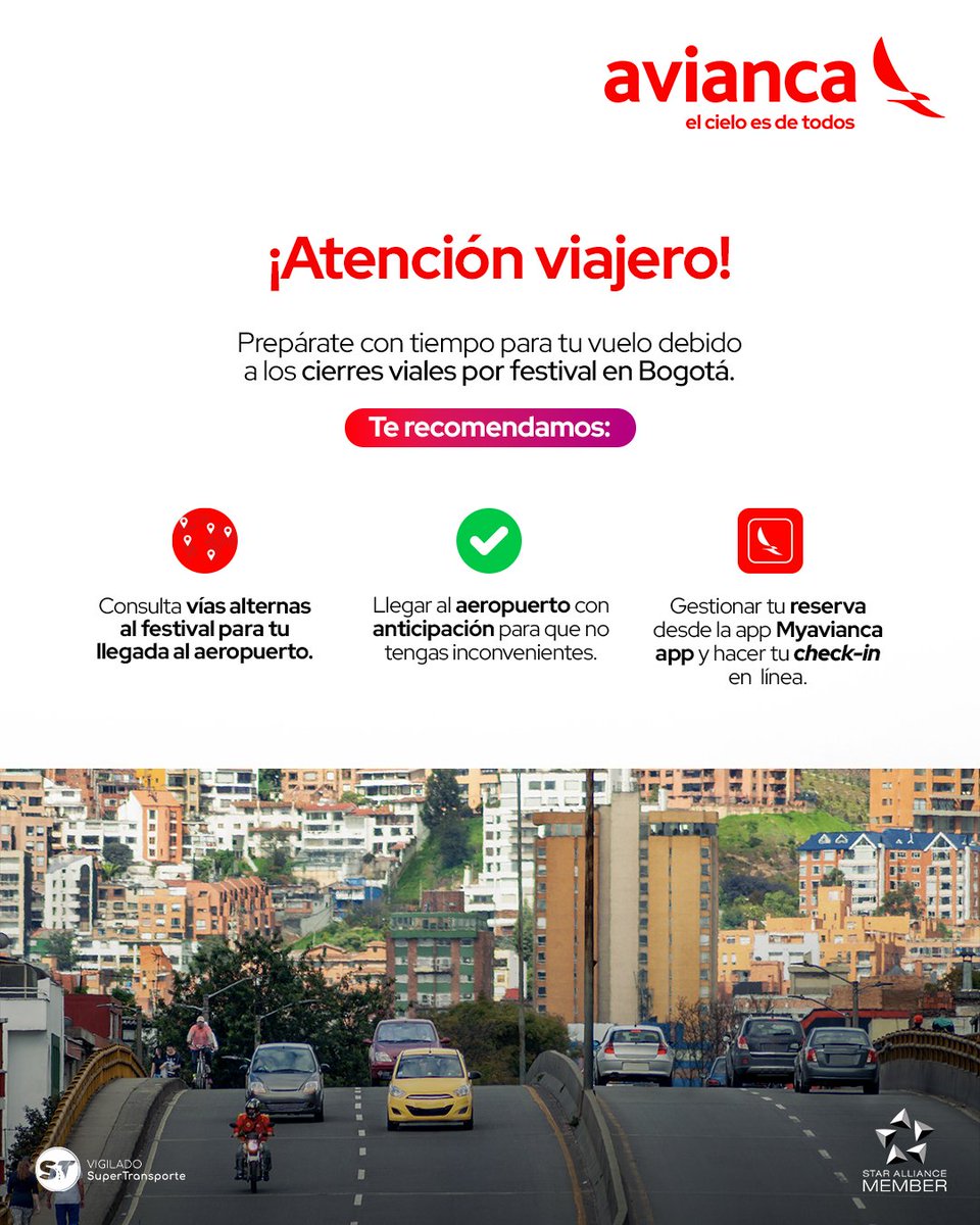 avianca's tweet photo. 🚨 Si tienes tu vuelo programado para los días 22, 23 y 24 de marzo, ten en cuenta esta información para que evites contratiempos a la hora de llegar al @BOG_ELDORADO por los cierres viales en la capital.

No olvides revisar el estado de tu vuelo: 👉 https://t.co/X79KicGxje. https://t.co/b1BXRjxBcH