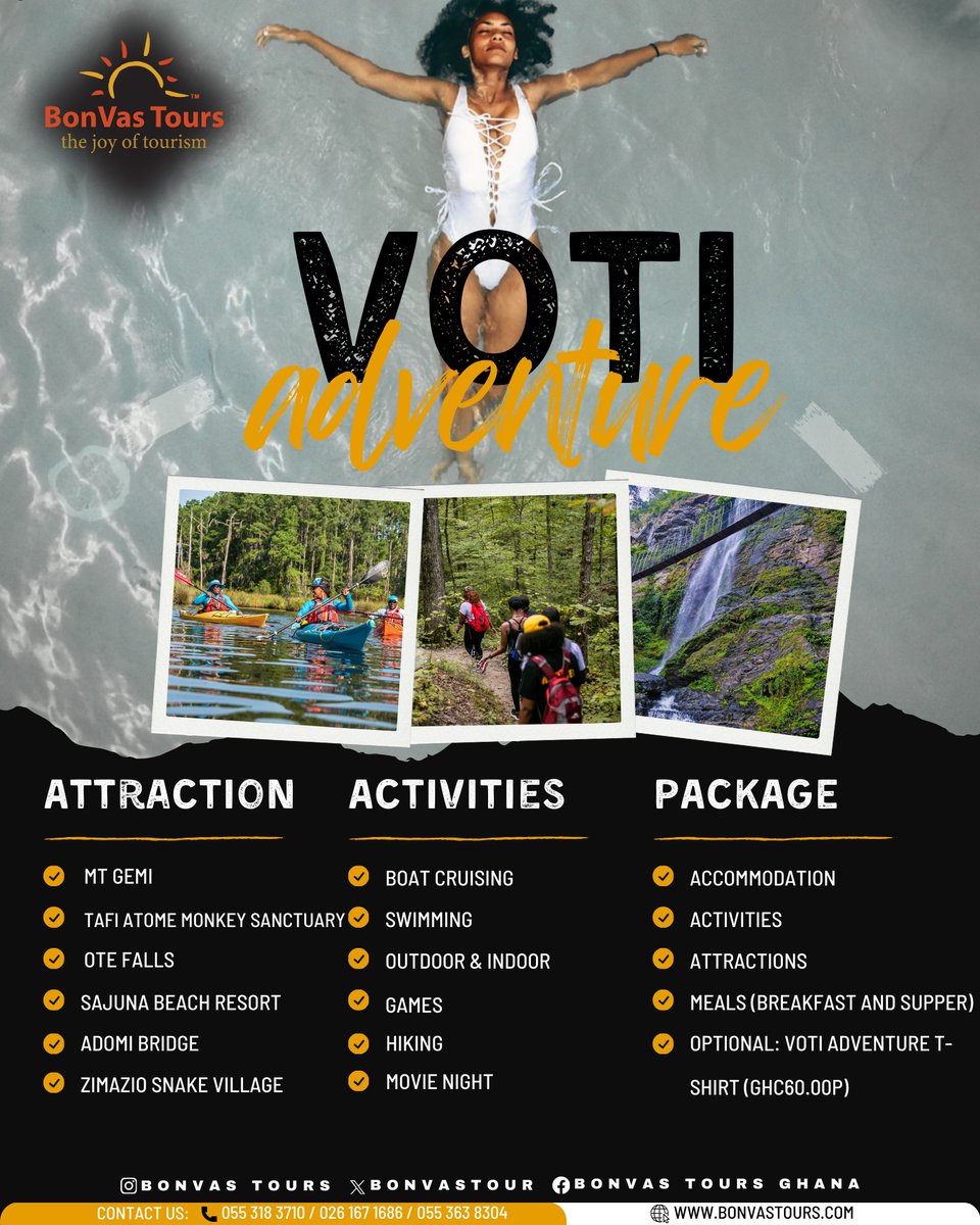 BonvasTour's tweet photo. Do you want to experience nature, have fun and release some stress?
Join us for an exhilarating trip to the Volta and Oti region of Ghana from 29th March- 1st April 
Accommodation, meals, visit to various attractions are included in the package 
Book here: https://t.co/PlFjSPR2nQ https://t.co/tb9HJdYVkX