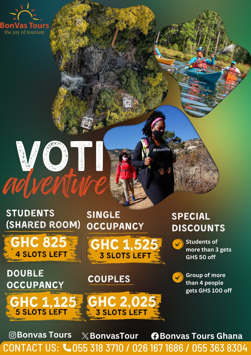 BonvasTour's tweet photo. Do you want to experience nature, have fun and release some stress?
Join us for an exhilarating trip to the Volta and Oti region of Ghana from 29th March- 1st April 
Accommodation, meals, visit to various attractions are included in the package 
Book here: https://t.co/PlFjSPR2nQ https://t.co/tb9HJdYVkX