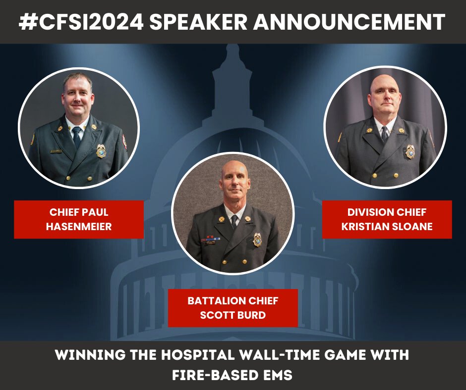 Don't miss the chance to learn about #EMS issues at #CFSI2024! Join our panel on 4/29 for a closer look at wall time challenges affecting #FireServiceBasedEMS systems. ✅ Register today for CFSI2024: bit.ly/CFSI2024