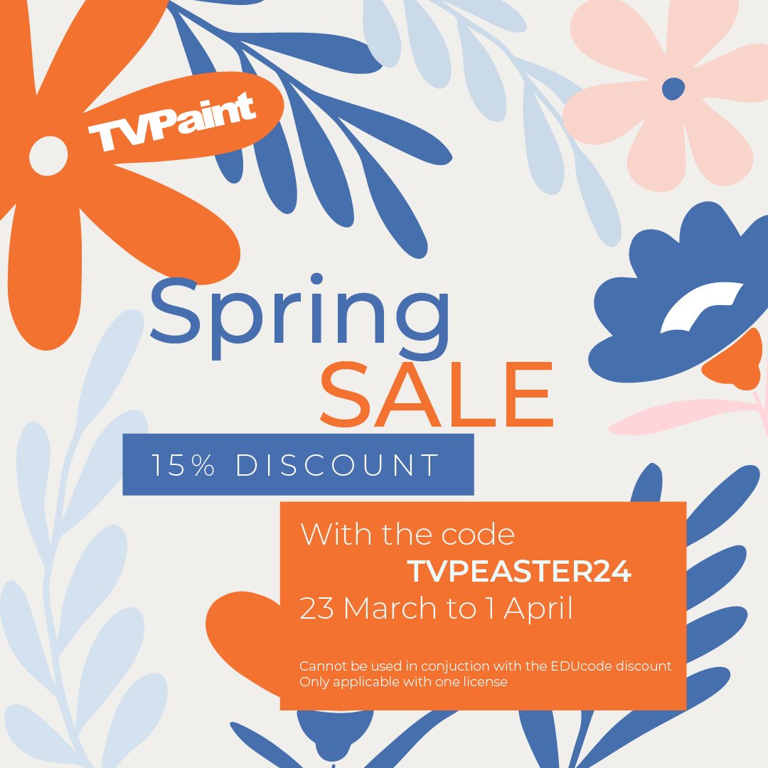 HAPPY SPRING!🌸 To celebrate the return of good weather, we offer a 15% discount on all our licenses! Use our discount code TVPEASTER24 until the 1st of April! 👉tvpaint.com #TVPaint #TVPaintcommunity #2Danimation #traditionalanimation #animationsoftware #discount