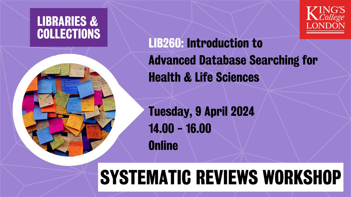 *UPCOMING LIBRARY WORKSHOP* LIB260: Introduction to Advanced Database Searching for Health & Life Sciences [ @kingsmedicine / @kingsdentistry ] 📅 9 April 2024 / 14.00-16.00 ⚓ Online ✍️ Sign up here 👇 libcal.kcl.ac.uk/calendar/works…
