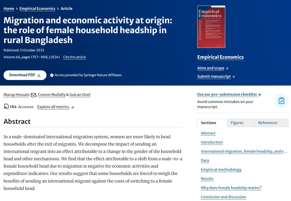 Empirical Economics most warmly invites you to read this article for free via SN #SharedIt: #Migration and economic activity at origin: the role of female household headship in rural #Bangladesh , by M. Hossain, C. Mullally & G. Onel rdcu.be/dBAQo @IHS_Vienna