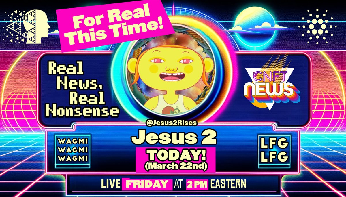 Take Two! 🎬 Let's go LIVE with @j_moyns and the cNFT News Team - TODAY at 2pm Eastern, 1800 UTC. @Jesus2Rises, OG webcomics, and Nonsense, oh my! 🦁🐯🐻✝️2⃣🎥📺😵 ✨join us in live chat for a holy giveaway✨ youtube.com/c/cnftnews