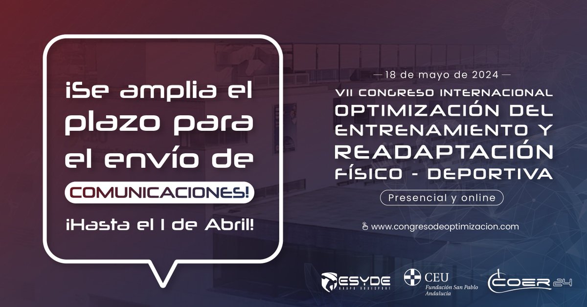 ¡Ampliamos el plazo para el envío de las comunicaciones!

➡Ahora tienes hasta el día 1 de abril para poder mandar tu comunicación.

Toda la información al respecto en nuestra web:
 👉 congresodeoptimizacion.com

#coer #coer2024 #congresointernacional #optimización #entrenamiento