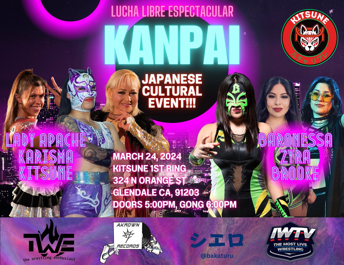 MATCH UPDATE: Our lucha libre spectacular will now see @Karismapwr & Kitsune team with legendary Lady Apache. They will face @BaronessMxli @itszyra_ and the Emo Queen @BrookeHavok! Pre-sale ends Saturday at 6pm. Get tickets: bit.ly/KanpaiTickets