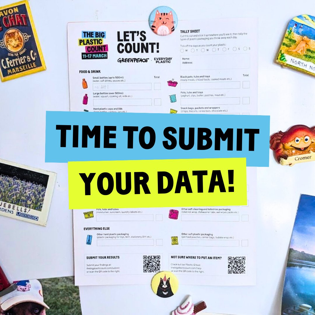 📝 Over 60,000 households have submitted their data from last week's The Big Plastic Count.  ⏳ Make sure to submit yours before 31 March! Drop us a 👍 in the comments if you've already submitted your results and received your plastic footprint. @GreenpeaceUK #BigPlasticCount