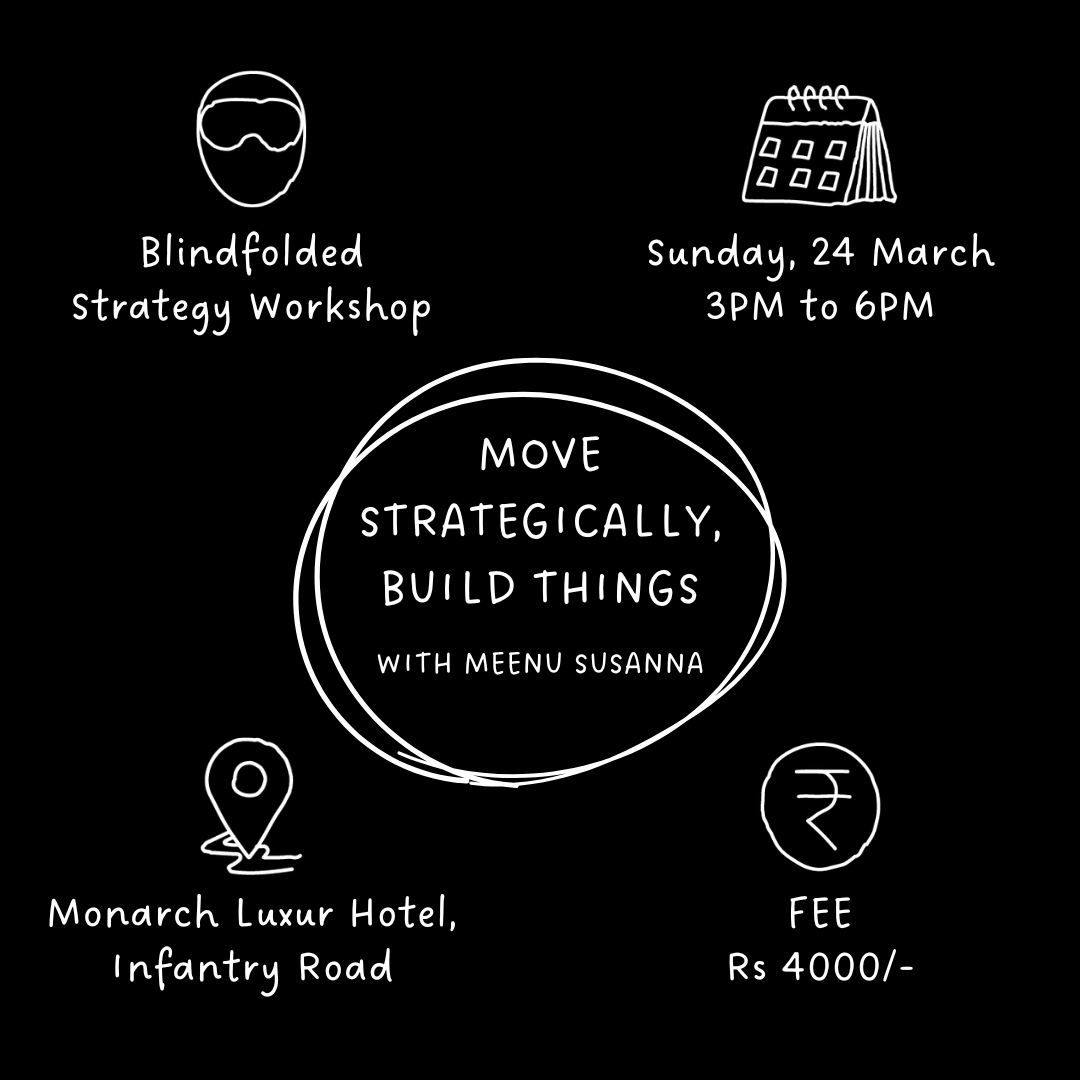 schoolofsense1's tweet photo. A hands-on no-gyaan blindfolded strategy workshop by Meenu Susanna where you can meet your inner strategist and solve ‘live’, using prompts, frameworks and your own ingenuity. https://t.co/kOGSentekT 

#strategyworkshop #strategy  #StrategyInAction #brandstrategy #blindfold https://t.co/eDHYWBhXvZ