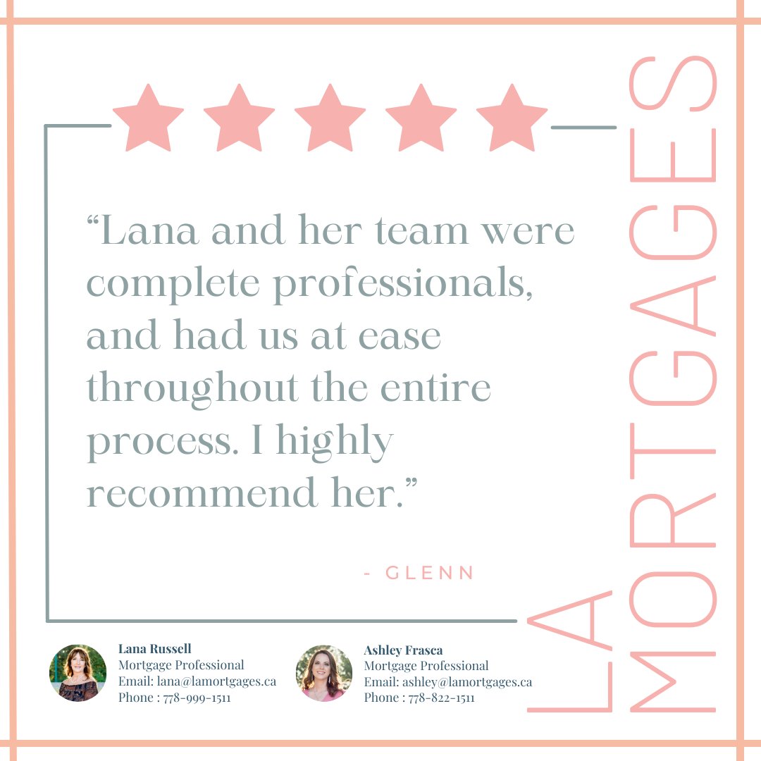 ⭐⭐⭐⭐⭐
Lana and her team were complete professionals, and had us at ease throughout the entire process.  I highly recommend her.
-Glenn
.
.
.
#googlereviews #fivestarreview #LAMortgages #Mortgagebroker #mortgage #mortgageadvice #YVR #Vancouver #langley #Surrey