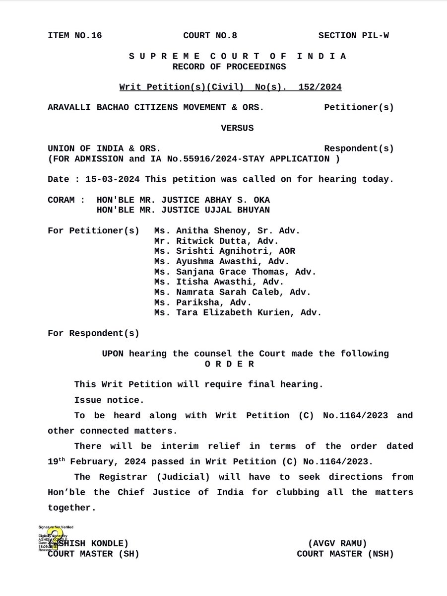 Supreme Court Admits Petition of @AravalliBachao Challenging the Amendments to the Forest Conservation Act, 1980. Notice was issued to MoEFCC, Ministry of Tribal Affairs and National Commission for Scheduled Tribes.