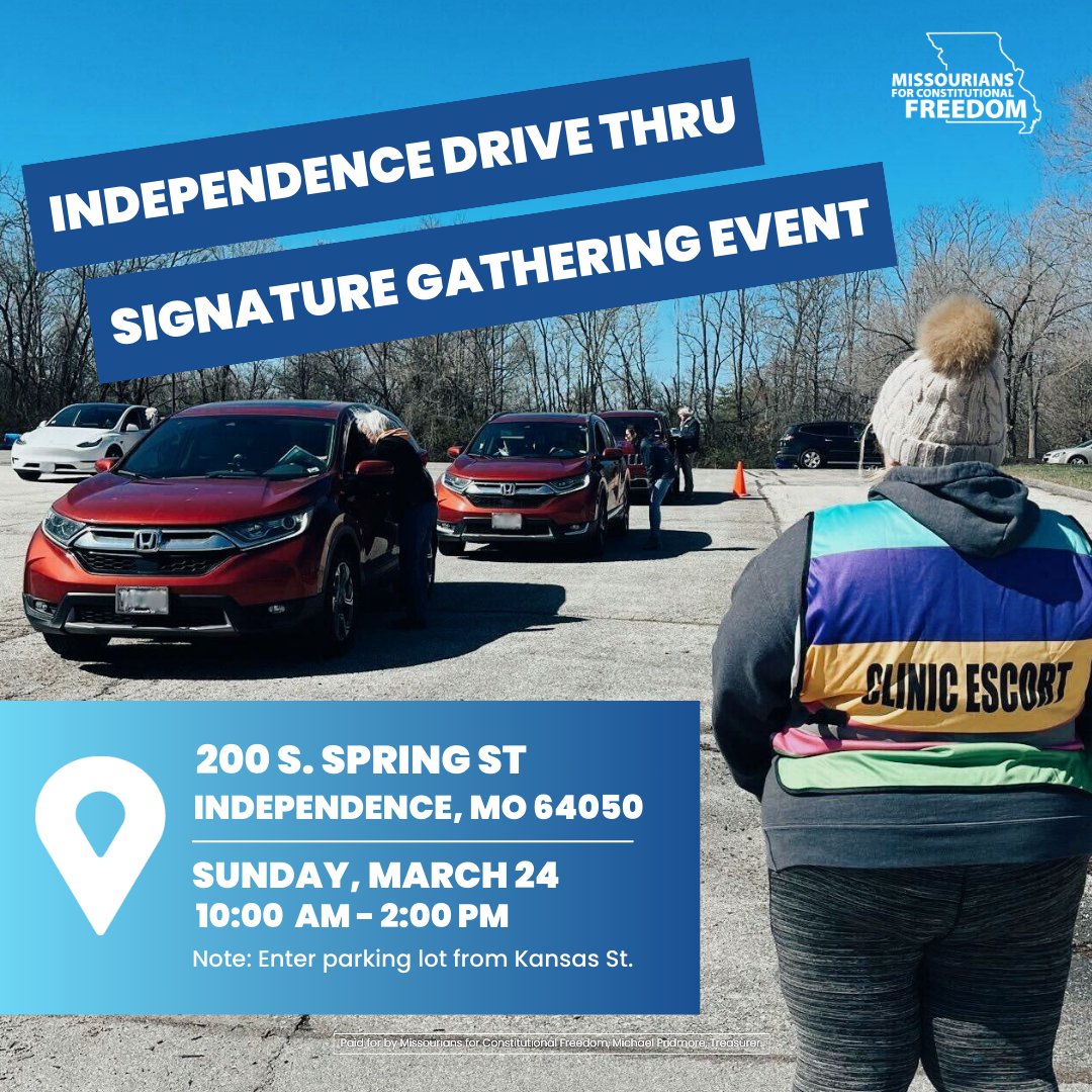 Live in the Kansas City area and haven’t had an opportunity to sign the petition to end the abortion ban in Missouri? Swing by on Sunday, March 24, from 10:00 AM to 2:00 PM for our drive-thru signature gathering event! Learn more: mobilize.us/mfcf/event/614… #EndTheBanMO