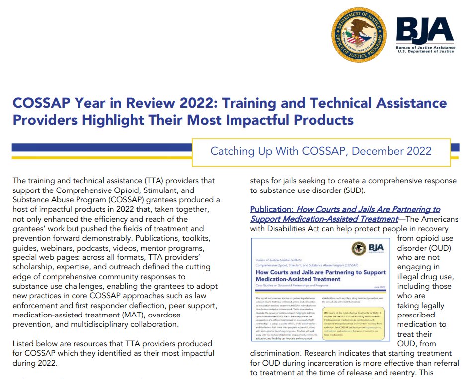 As National Drug & Alcohol Facts Week draws to a close, check out products by COSSUP TTA providers that define the cutting edge of community responses to substance use, on deflection, peer support, MAT, overdose prevention, and more: shorturl.at/actvM @DOJBJA #NDAFW