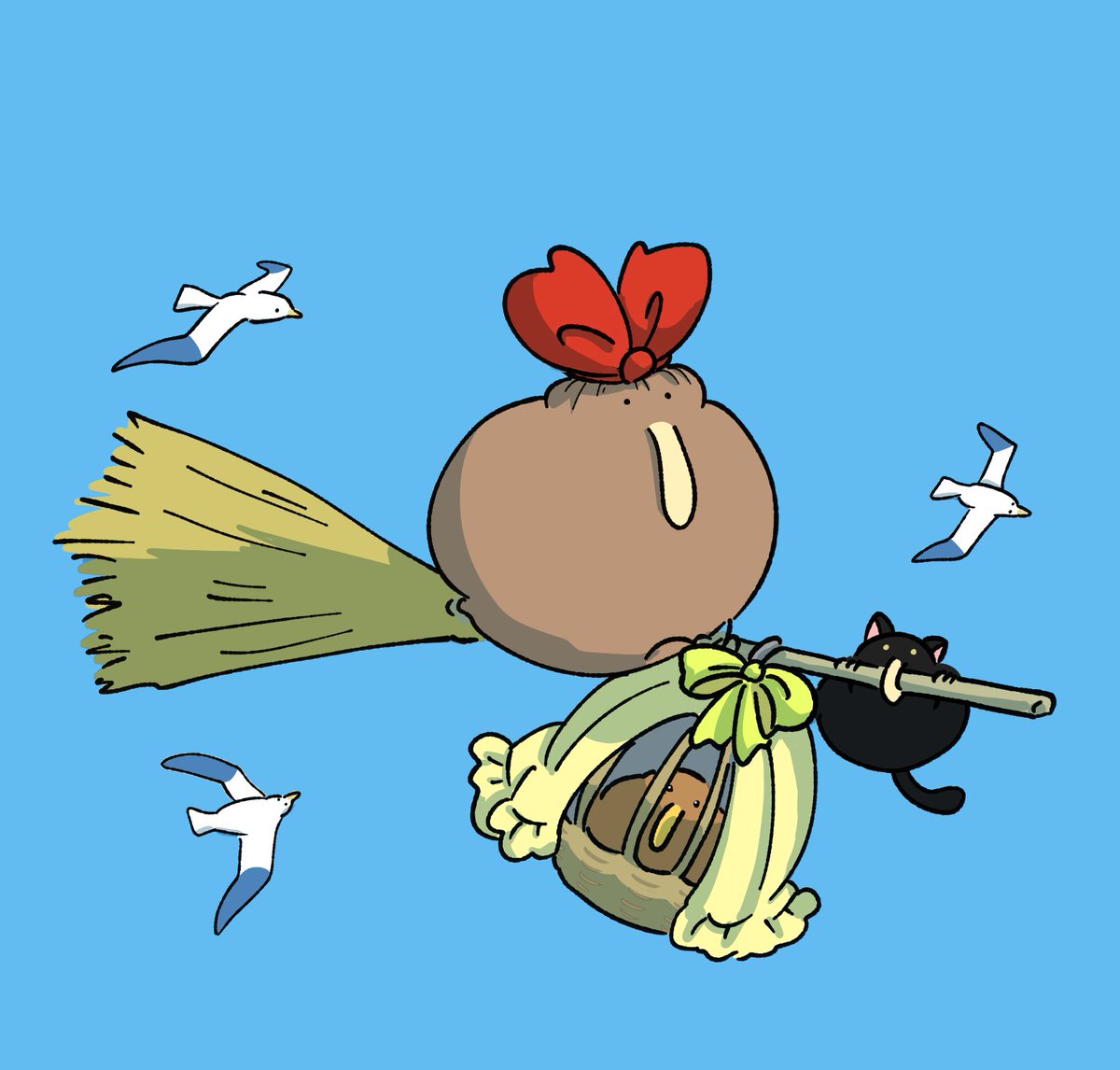 kiki (majo no takkyuubin) simple background bow bag red bow no humans blue background bird  illustration images