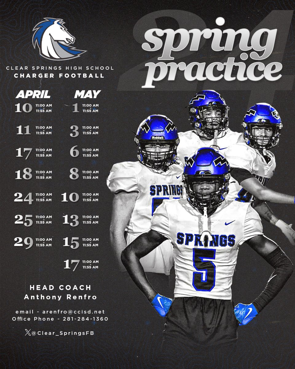Clear Springs Football spring practice schedule. Come by and check us out. We have some great players! #BOLTUP #SOB