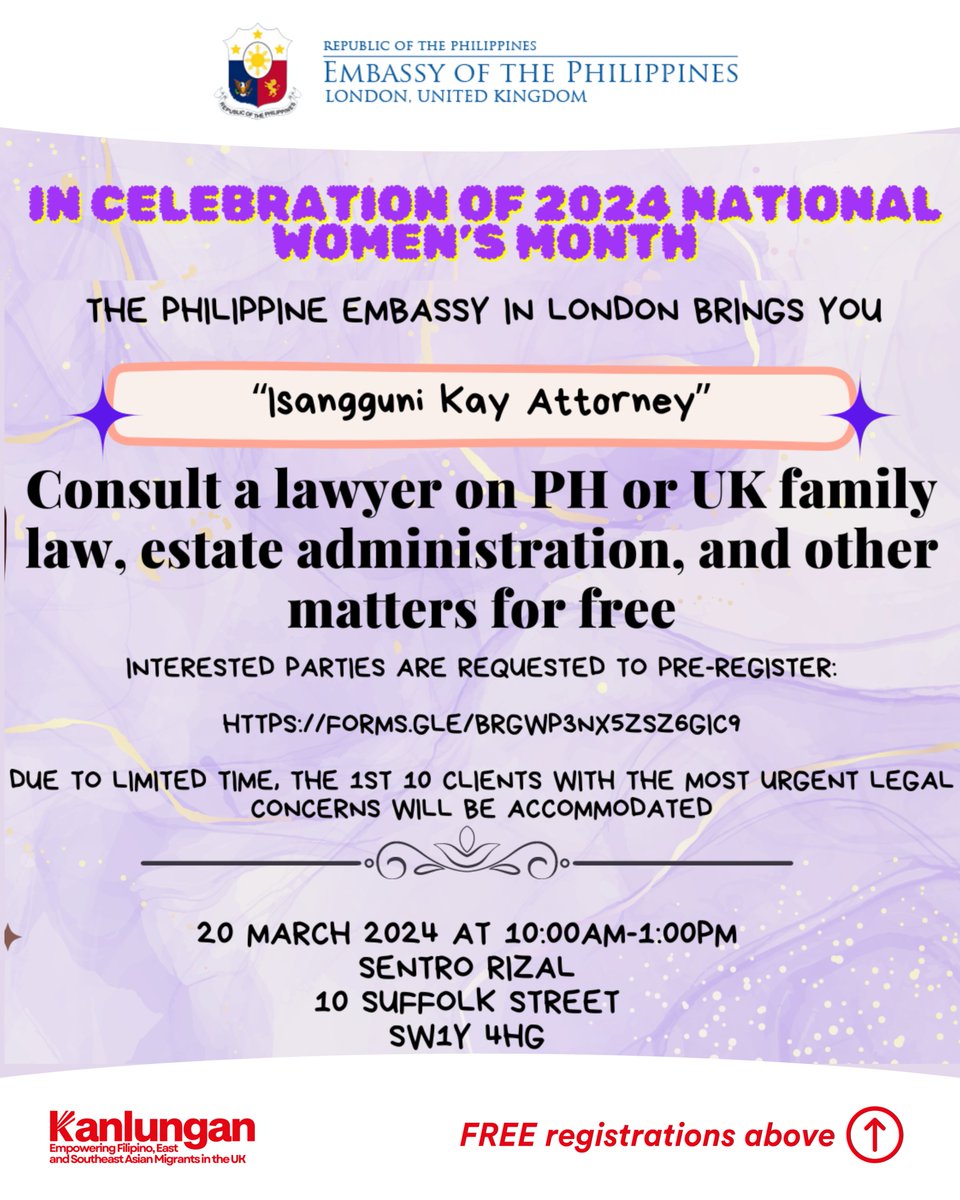 ❗️CONSULT A LAWYER FOR FREE❗️ The Philippine Embassy @philippinesinuk will be holding a FREE Legal Clinic this Wednesday, 20 March 2024. Those with legal concerns in the Philippines or in the UK are invited to attend and register here: t.ly/IpqMQ!