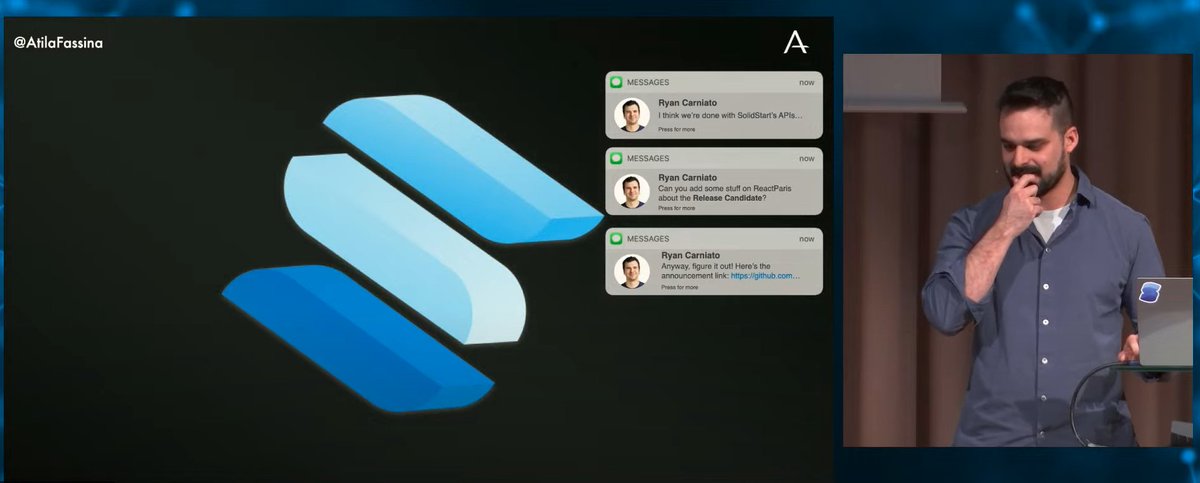 What is that? @RyanCarniato is DMing @AtilaFassina during his talk at #ReactParis ❤️