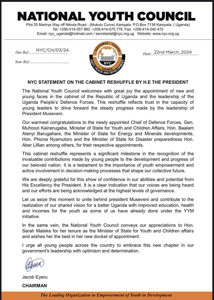 The Chairperson of the council @Jacobeyeru has issued a statement on the latest cabinet reshuffle by H.E @KagutaMuseveni In the statement, the Chairperson congratulates Gen. @mkainerugaba and Ministers @BalaamAteenyiDr @PNyamutoro and @LillianAber Details below.