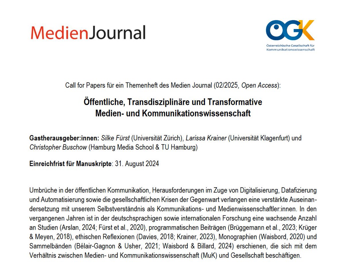 📢Neuer CfP: Wie steht es um die Transdisziplinarität der Medien- und Kommunikationswissenschaft? Inwiefern betreiben wir Öffentliche Wissenschaft & Transformative Forschung❓@chrias, Larissa Krainer & ich laden zu Beiträgen ein #OpenAccess 🗓️ 31. August 👉netlibrary.aau.at/obvuklmj/domai…