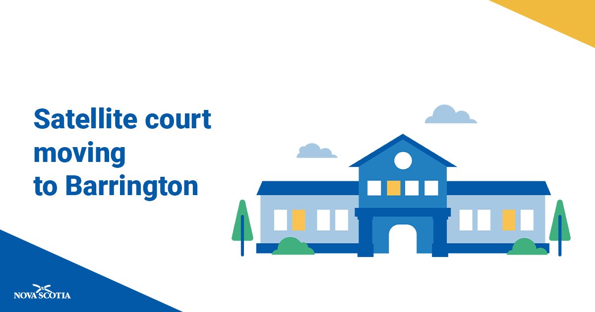 Satellite Court Moving to Barrington from Shelburne The satellite court serving Shelburne County will be relocated to the Barrington municipal building, 2447 Nova Scotia Trunk 3, Barrington effective Monday, April 1. Read more at news.novascotia.ca/en/2024/03/22/…