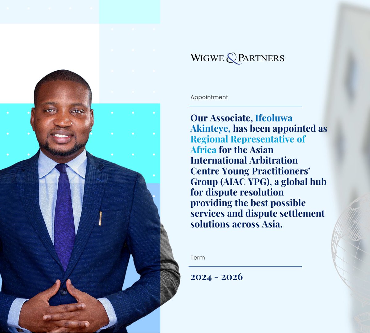 wigwe_partners's tweet photo. Our Associate, Ifeoluwa Akinteye, has been appointed as Regional Representative of Africa for the Asian International Arbitration Centre Young Practitioners’ Group (AIAC YPG).

AIAC is a global hub for dispute resolution, backed by years of experience, excellently https://t.co/aCdeiWn3Pb