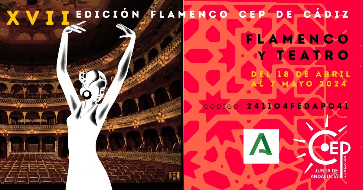 CEPdeCadiz's tweet photo. Si eres profe, te gusta el flamenco y eres del ámbito de actuación del @CEPdeCadiz seguro que interesa el programa de FLAMENCO Y TEATRO 
Con figuras relevantes, #Flamenkoz y la Hermandad del Teatro, y @ftsaez @DGTaTEd @EducaAnd 
Info &amp; Inscripción: 
https://t.co/Uze52ocewF https://t.co/00mgydbIjO