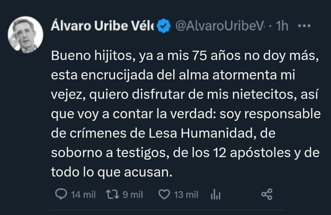 🇨🇴🐦 | URGENTE. En una publicación que desapareció hace pocos minutos de su perfil de X, el expresidente Álvaro Uribe habría confesado lo que es un secreto a voces.