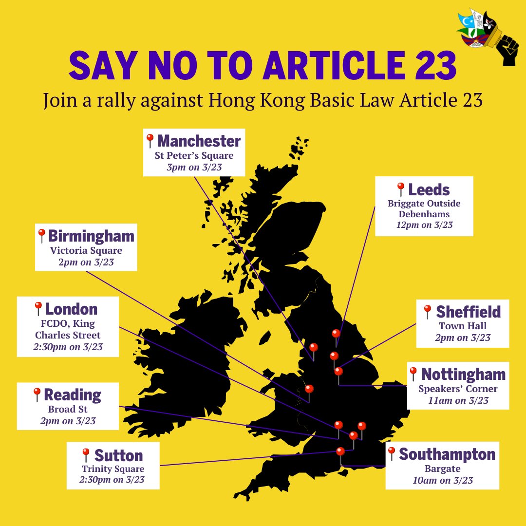 [Global Anti-Article 23 Protests] Map + graphics made in collaboration with @students4hk @coalitionsrc. Feel free to reach out for info + news on any new protests. #StandWithHongKong #Article23
