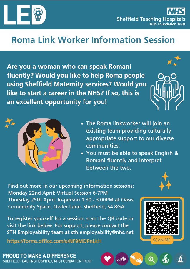 We're excited to be collaborating with the STH Maternity Services in supporting potential candidates for their upcoming Roma Link Worker vacancy. If you or someone you know meets the criteria, complete this form to book a place at an information session: forms.office.com/e/NF9MDPnLkH