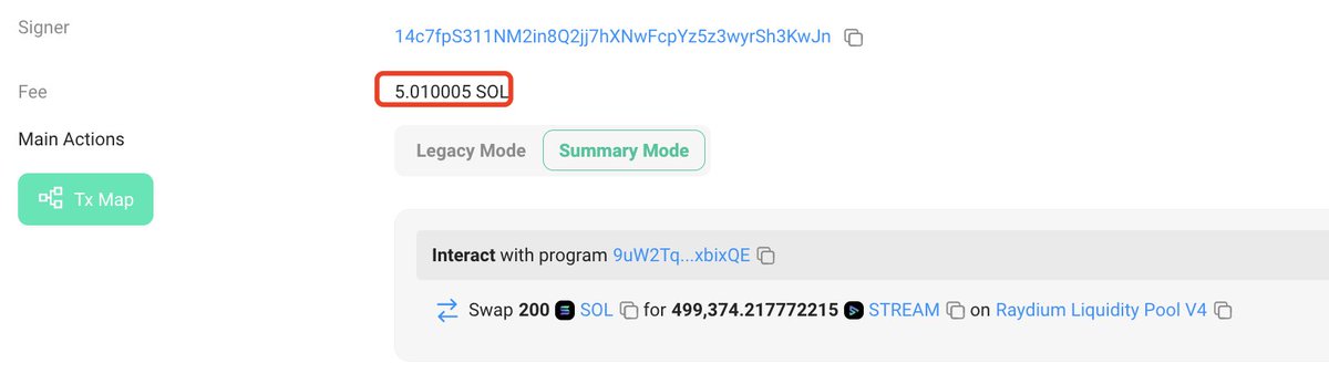 lookonchain's tweet photo. When sniping #MEMEcoins, you can buy more coins faster than other traders by spending more gas.

Trader "14c7fp" spent 5.01 $SOL of #Gas when sniping $STREAM, and successfully bought $STREAM one block faster than trader "zGdphZ".

Trader "14c7fp" spent 200 $SOL to buy 499,374 $STREAM, while trader "zGdphZ" spent 200 $SOL to buy only 113,770 $STREAM.

In the end, Trader "14c7fp" earned 784 $SOL, while trader "zGdphZ" only earned 162 $SOL.

https://t.co/Oztl7pNVQr
https://t.co/6i00y1MyQX
