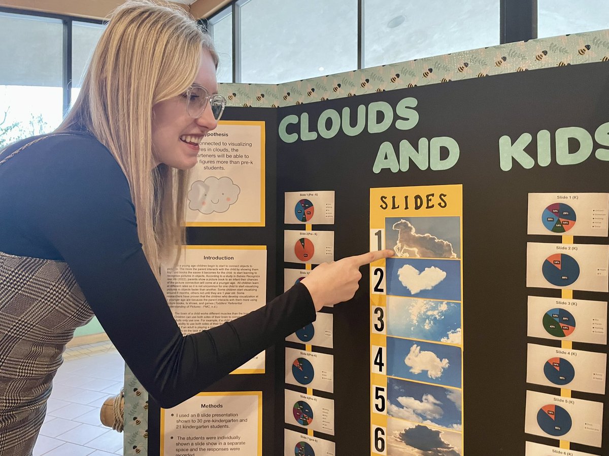 Senior Division’s Skylar Paroda - Dillman shows her excitement over her project in which pre & post kindergarten students identify cloud shapes. Skylar of @OmahaZoo Academy wanted to understand creativity and growth. @OPS_Central #MSEF24 #studentscientist