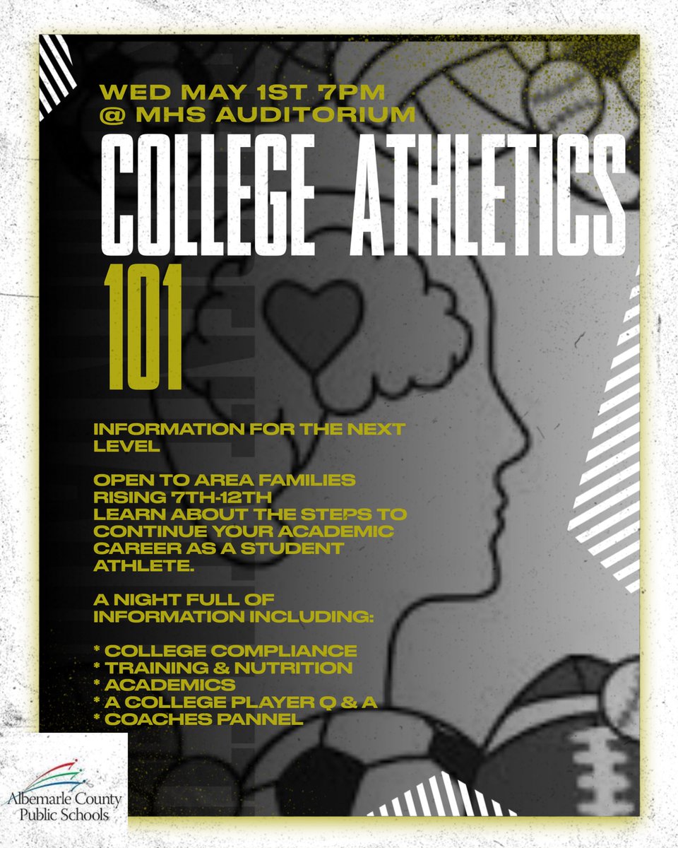 M_Hicks_MHS's tweet photo. A great night of information and education for families about being a college student athlete. Join us May 1st 7pm. @k12albemarle @CvilleSchools @SamBrunelle_33 @UVAFootball @Coach_tucker13 @smorrisFlucoAD @WMHSDragons @nelsoncountylif https://t.co/PEbF1fDk1O