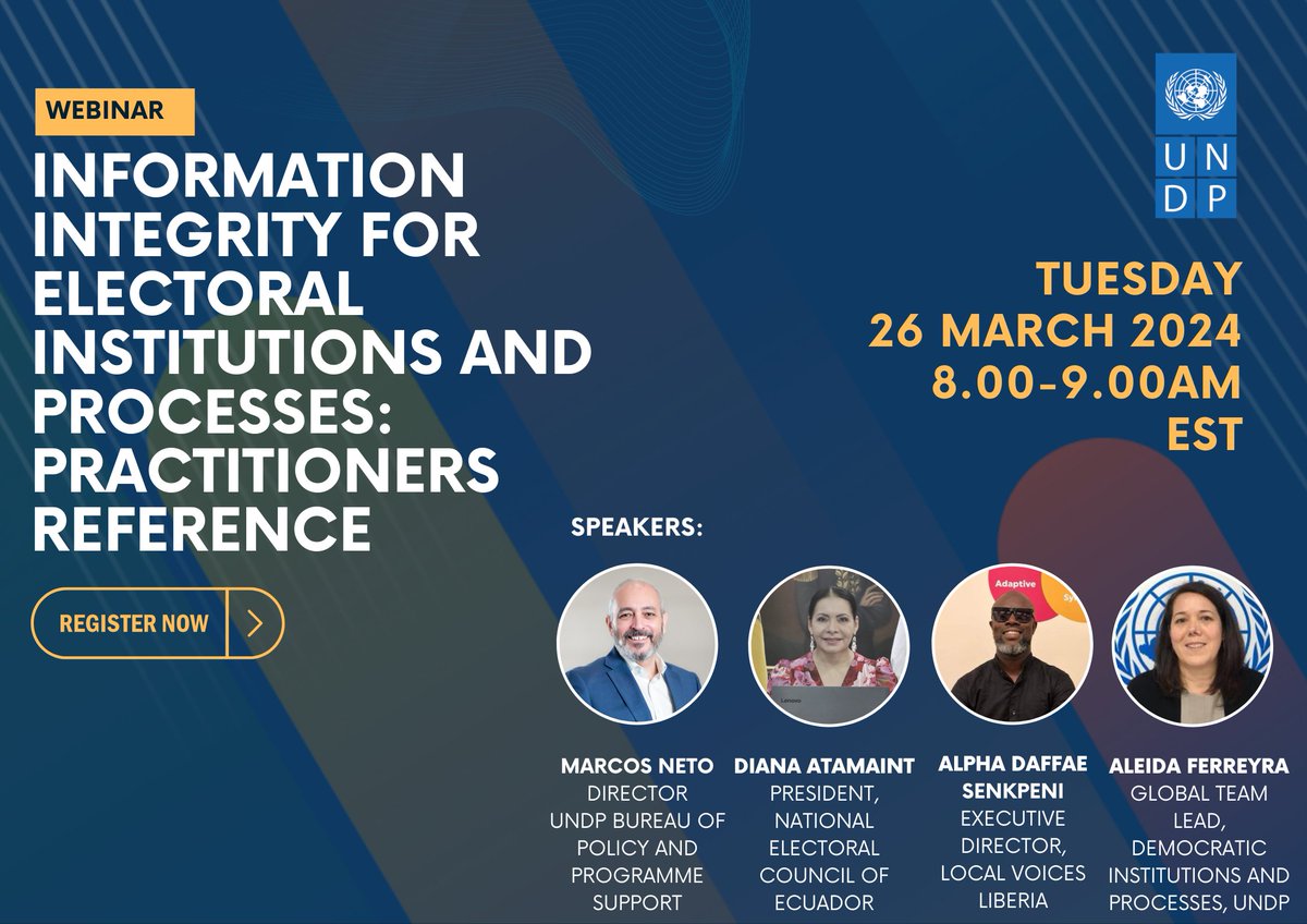 📢 With elections looming in 72 countries, ensuring information integrity is paramount. Join us for the UNDP's Reference Manual launch 📘 🗓️March 26, ⏰ 8:00-9:00 AM EST. Register:undp.zoom.us/webinar/regist…