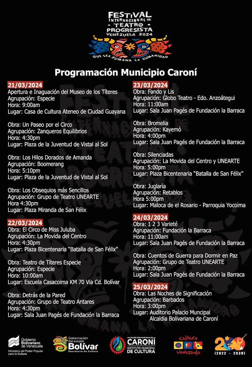 #22sep Se vino a Guayana el <a href="/fesitpven/">Festival Internacional de Teatro Progresista</a>, los invitamos en familia a disfrutar de la programación de Teatro para la Ciudad.
Son las políticas culturales del Presidente <a href="/NicolasMaduro/">Nicolás Maduro</a>, en articulación con la gestión cultural del Alcalde <a href="/OviedoPSUV/">Tito Oviedo</a> y el Gobernador <a href="/amarcanopsuv/">Ángel Marcano</a>
