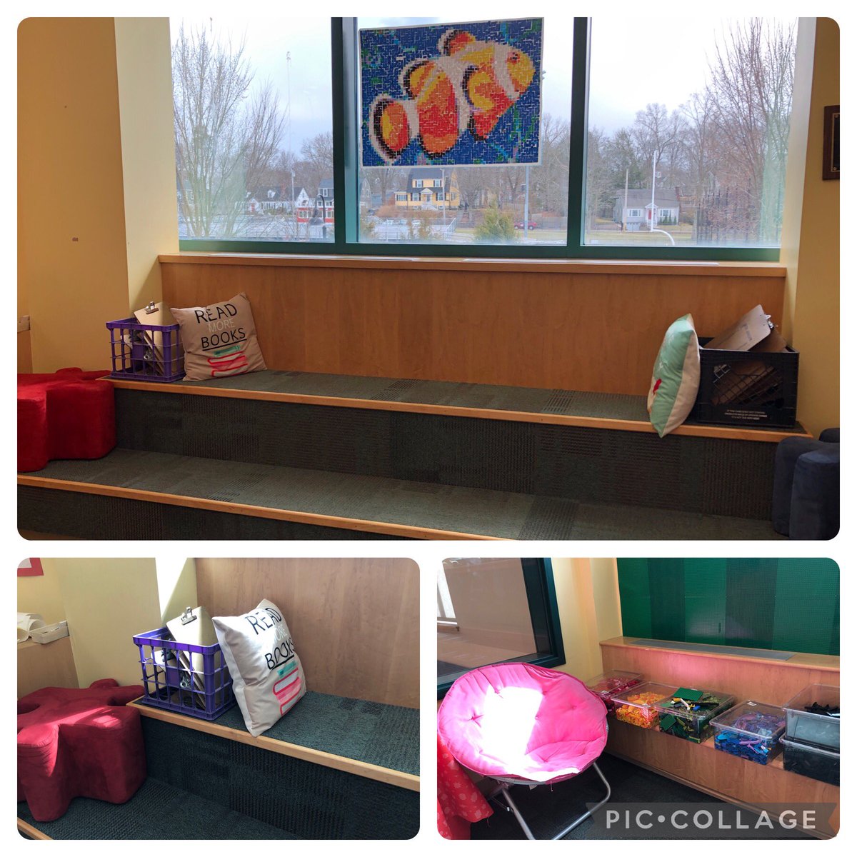 Reader Leaders gave the space a mini-makeover. A family donated some ottomans and we had some random items that needed homes. I love that our Stick Together looks like stained glass when the sun shines!