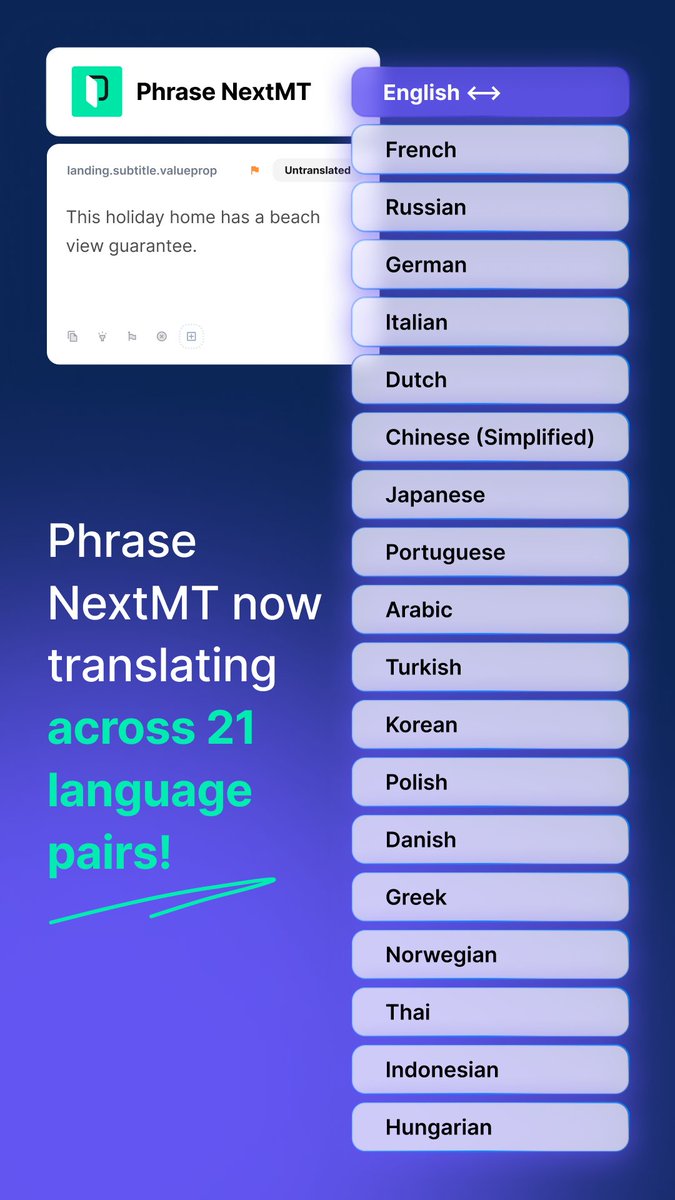 Phrase NextMT Just Got a Major Boost! We’re excited to announce significant enhancements to Phrase NextMT, the first neural machine translation engine designed for translation management systems (TMS). We’ve added 11 new language pairs, effectively  doubling our language support.