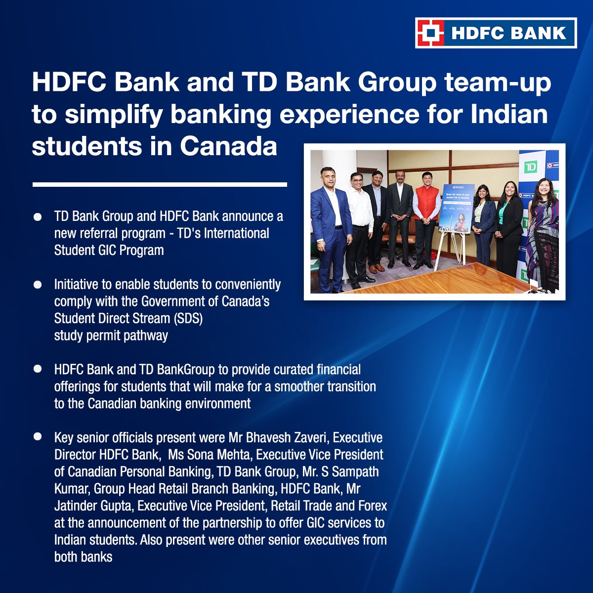 HDFC Bank and TD Bank Group team-up to simplify banking experience for Indian students in Canada. #HDFCBank #News #ReferralProgram #BankingExperience