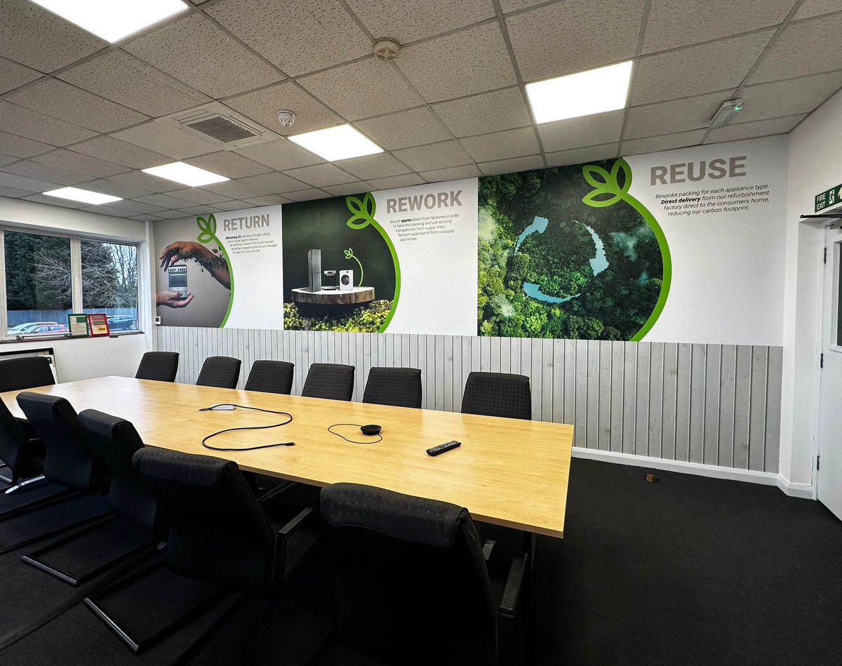 Boardroom wallpaper graphics freshly applied at the Whirlpool Peterborough office #wallpaper #signagesolutions