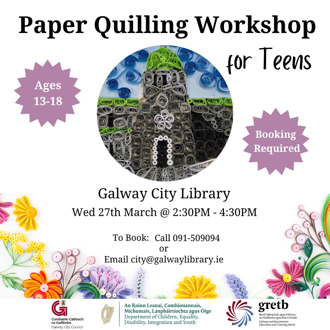 Teens - want to make your own framed work of art? Then try our FREE beginners paper quilling workshop on Wednesday 27th March at 2:30pm. Ages 13-18. To book call 091-509094 or email city@galwaylibrary.ie. #paperquilling #artforteens #teens #freeeventsgalway #atyourlibrary