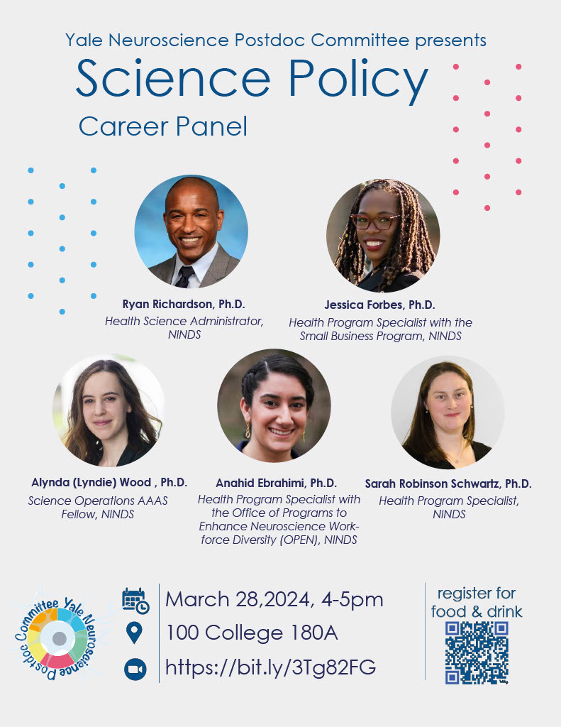 Yale Neuroscience (@yaleneuro) on Twitter photo Join <a href="/YaleNeurPostdoc/">YNPC</a> on March 28 for an exciting Science Policy Career Panel π£οΈ with Drs. Ryan Richardson, <a href="/JForbesPhd/">Jessica Forbes</a>, Alynda Wood, Anahid Ebrahimi, and <a href="/SarahRS_phd/">Sarah Robinson Schwartz, PhD</a> from <a href="/NIH_NINDS/">NINDS</a>! π©βπ¬π¨ββοΈ
Please register by noon on Monday: forms.gle/J3ycWGJh8c8oh2β¦
Yale only. More Infoπ Join <a href="/YaleNeurPostdoc/">YNPC</a> on March 28 for an exciting Science Policy Career Panel π£οΈ with Drs. Ryan Richardson, <a href="/JForbesPhd/">Jessica Forbes</a>, Alynda Wood, Anahid Ebrahimi, and <a href="/SarahRS_phd/">Sarah Robinson Schwartz, PhD</a> from <a href="/NIH_NINDS/">NINDS</a>! π©βπ¬π¨ββοΈ
Please register by noon on Monday: forms.gle/J3ycWGJh8c8oh2β¦
Yale only. More Infoπ