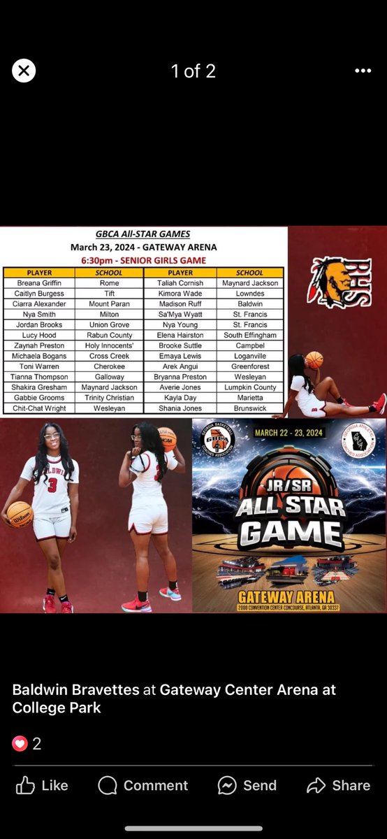 Bravettes #3 Madison Ruff will play with elite Georgia senior high school basketball girls players from all classifications play in GACA/GBCA JR/SR All-Star Game on Saturday, March 23, 2024 at 630 pm at the Gateway Arena, 2000 Convention Center Concourse, Atlanta, GA 30337.