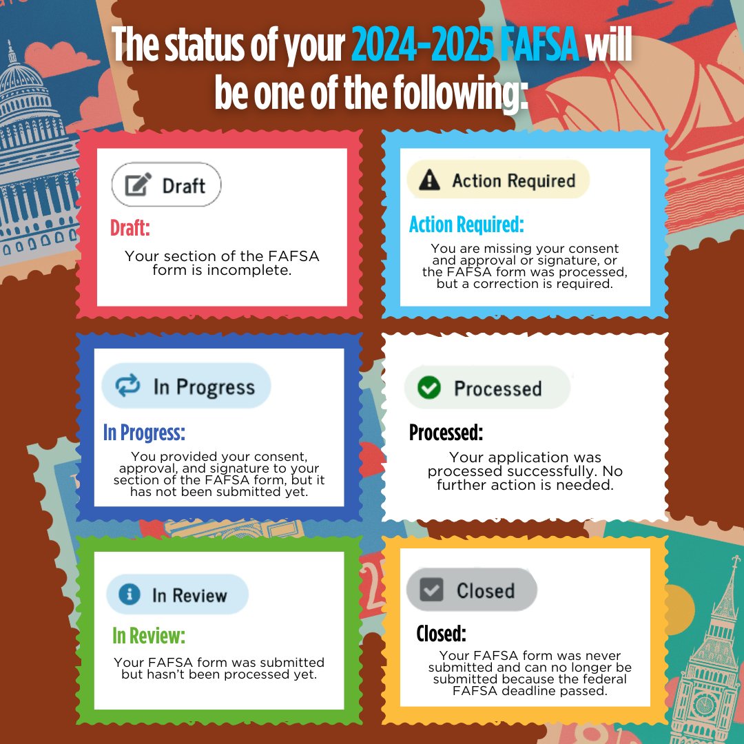 ✈️ 🧳 🗺️ Another stamp in our #destinationFAFSA passport has been added! That’s right, processing for the 2024–25 FAFSA form has begun! ​To view any updates related to your FAFSA form status, you can check the “My Activity” section of your StudentAid.gov Dashboard.