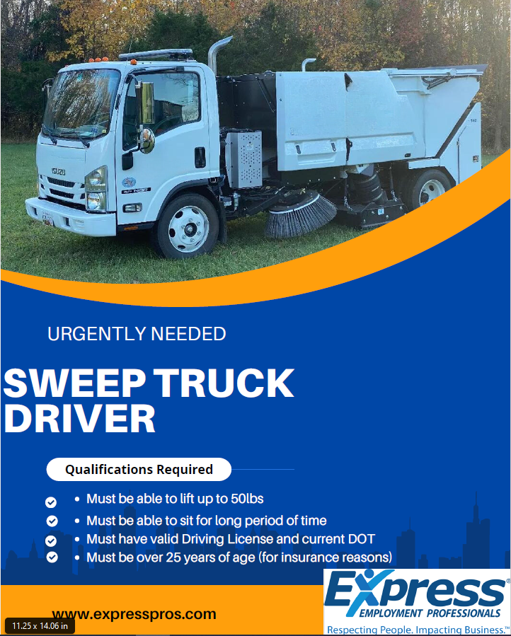 Express Employment - Baltimore is looking for 2 Non-CDL Overnight Drivers for a Street Sweeping company in the Rosedale area. Work Schedule: 8:30pm – 5am (or finish), Overtime may be required $17.00 per hour #Express #nowhiring