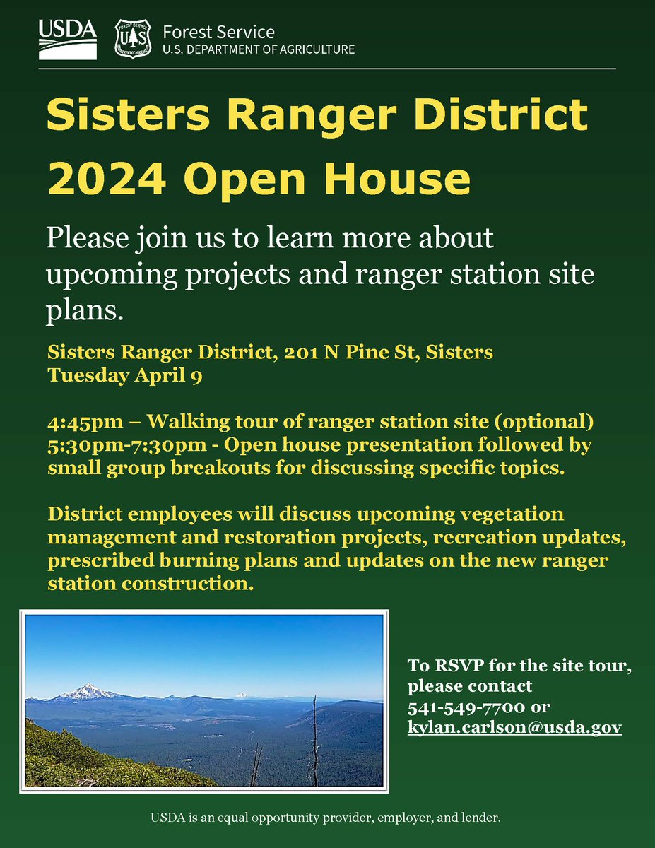 📆Join our Sisters Ranger District on Tuesday, April 9, for their annual open house! Presentations include upcoming vegetation management and restoration projects, recreation updates, prescribed burning plans, and updates on new ranger station construction.